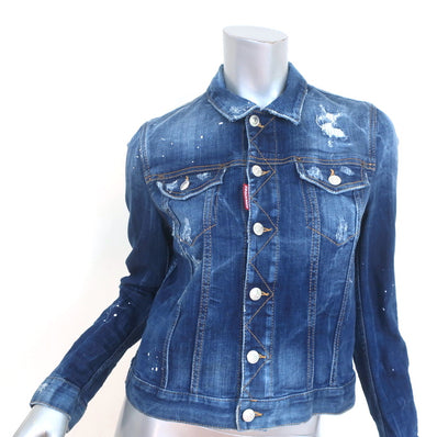Dsquared2 Paint Splatter Jean Jacket Indigo Stretch Denim Size 46