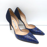 Manolo Blahnik d'Orsay Pumps Tayler Navy Suede & Snakeskin Size 39 Pointed Toe
