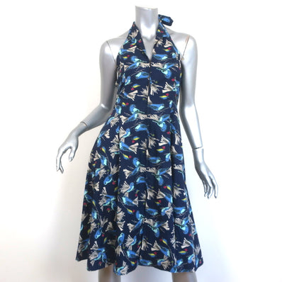 Title A Halter Dress Navy Bird Print Cotton Size Extra Small