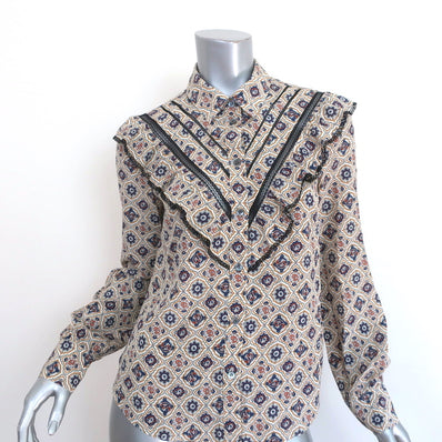 Veronica Beard Ruffle Shirt Quarry Medallion Print Silk Size 2 Long Sleeve Top