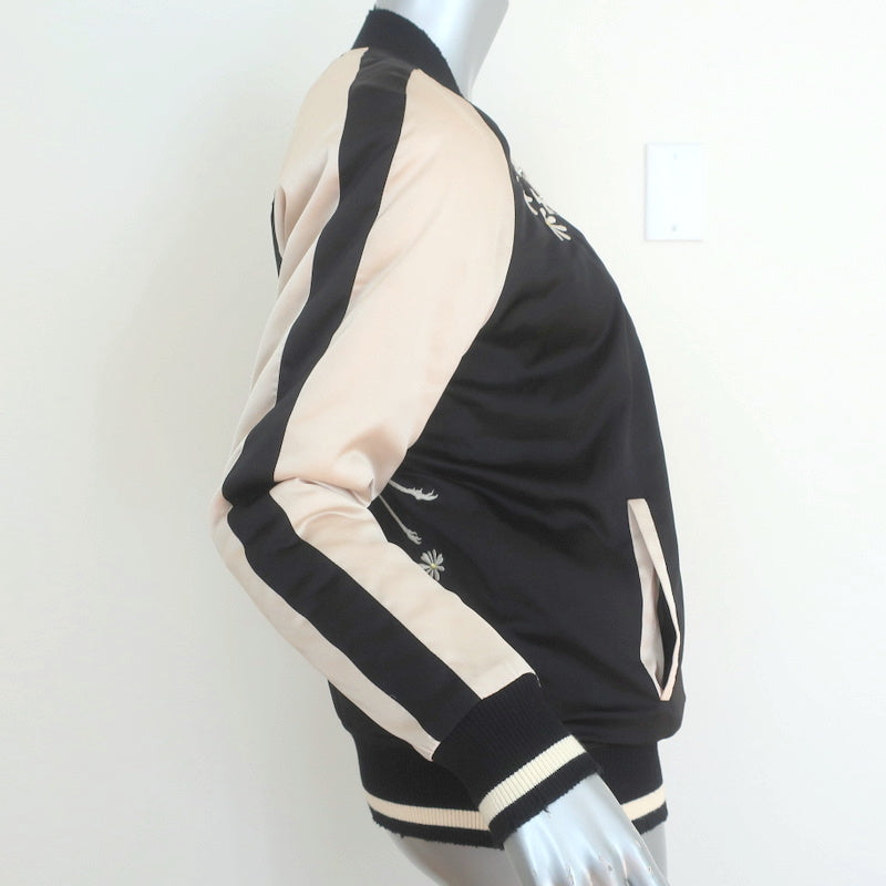 Pam &amp; Gela Crystal Crane Embroidered Satin Bomber Jacket Black/Cream Size Petite