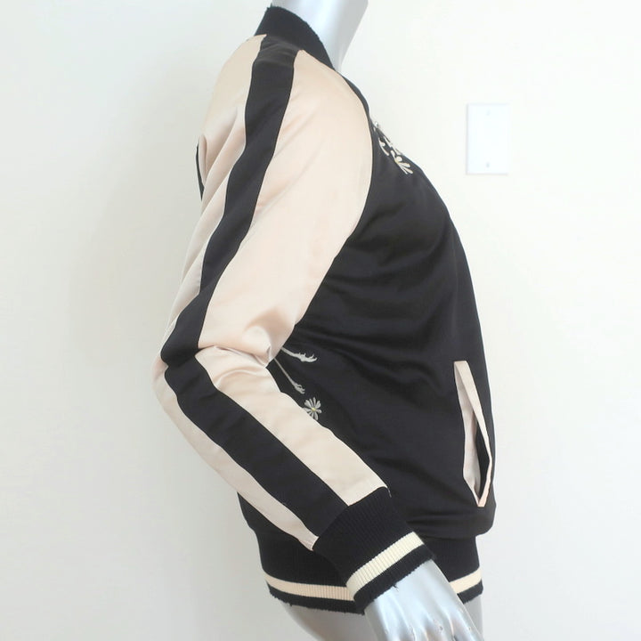 Pam &amp; Gela Crystal Crane Embroidered Satin Bomber Jacket Black/Cream Size Petite