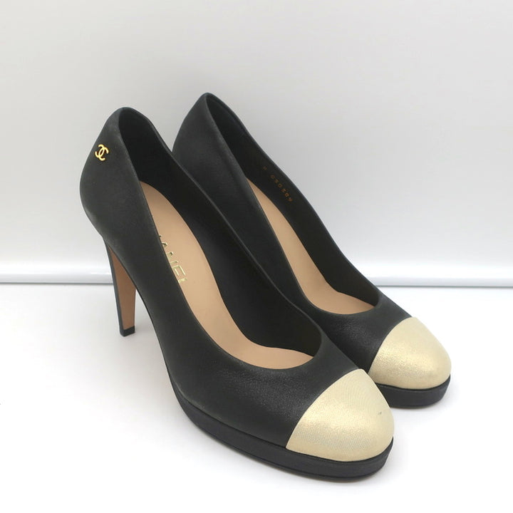 Chanel 15C Metallic Cap Toe Platform Pumps Black/Gold Buffalo Leather Size 38