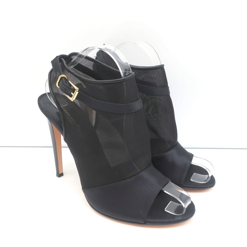 Gianvito Rossi Peep Toe Slingback Booties Black Satin &amp; Organza Size 40 NEW