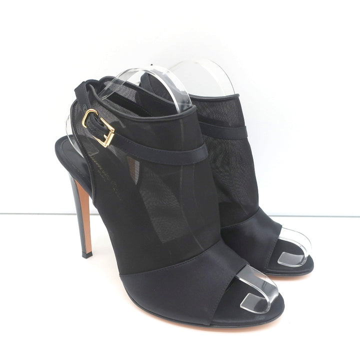 Gianvito Rossi Peep Toe Slingback Booties Black Satin &amp; Organza Size 40 NEW