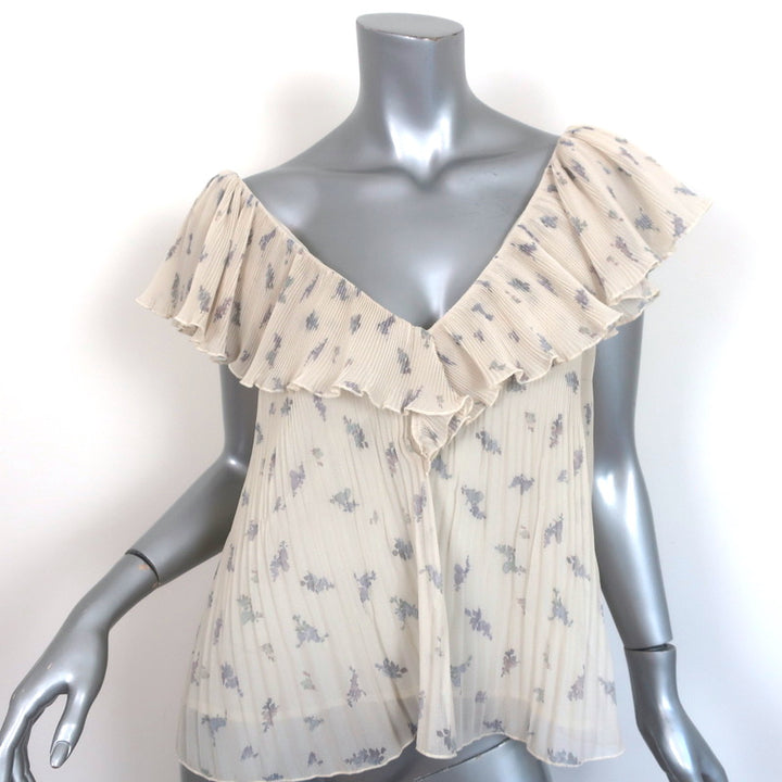 GANNI Blouse Ecru Floral Print Pleated Georgette Size 36 V-Neck Top