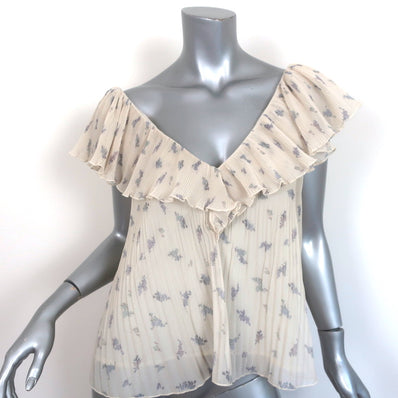 GANNI Blouse Ecru Floral Print Pleated Georgette Size 36 V-Neck Top