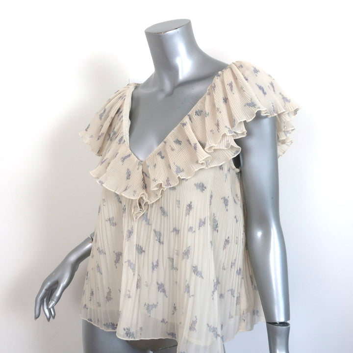 GANNI Blouse Ecru Floral Print Pleated Georgette Size 36 V-Neck Top