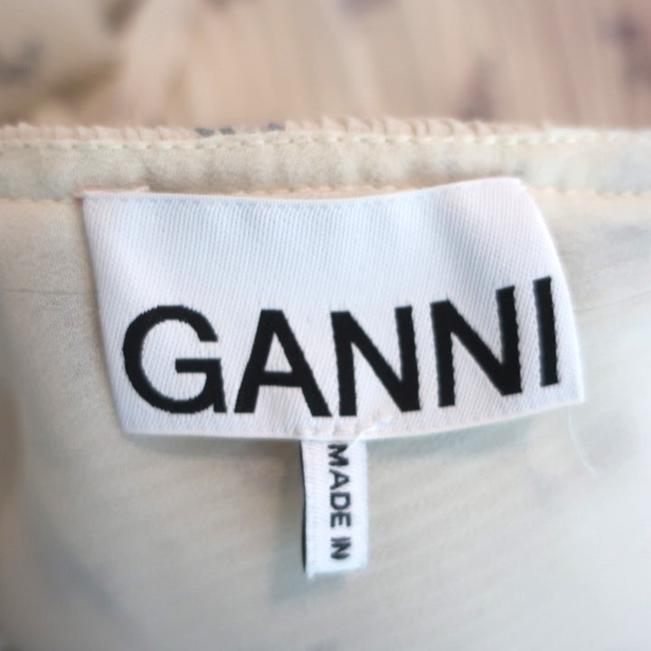 GANNI Blouse Ecru Floral Print Pleated Georgette Size 36 V-Neck Top