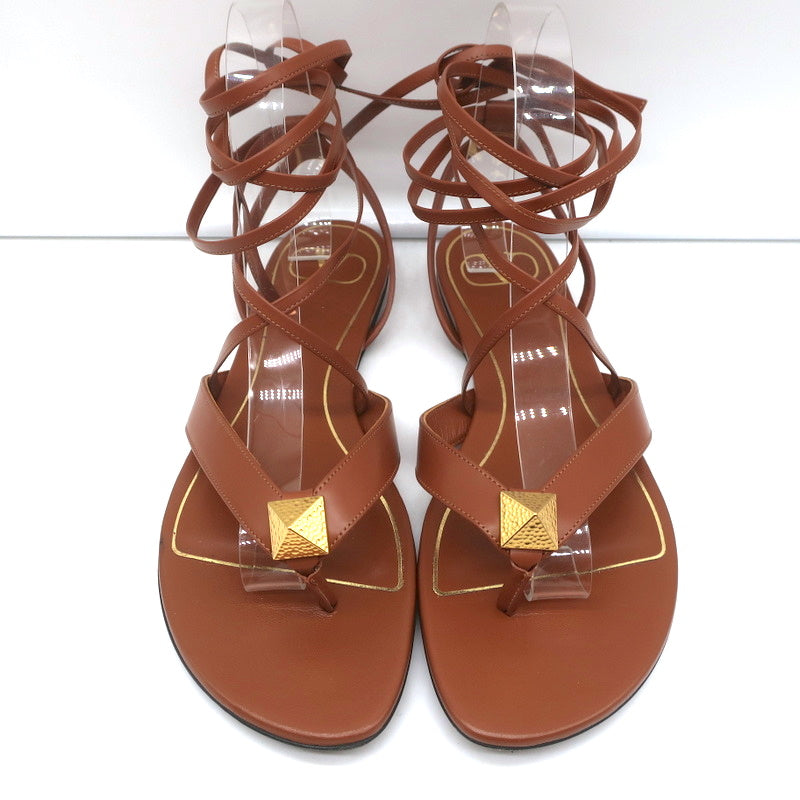 Valentino Roman Stud Ankle Wrap Flat Sandals Brown Leather Size 37 –  Celebrity Owned