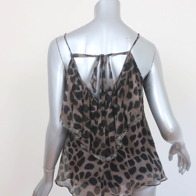 Rebecca Taylor Ruffle Tank Top Brown Leopard Print Silk Size 4