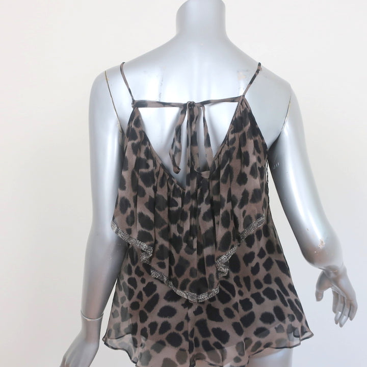 Rebecca Taylor Ruffle Tank Top Brown Leopard Print Silk Size 4