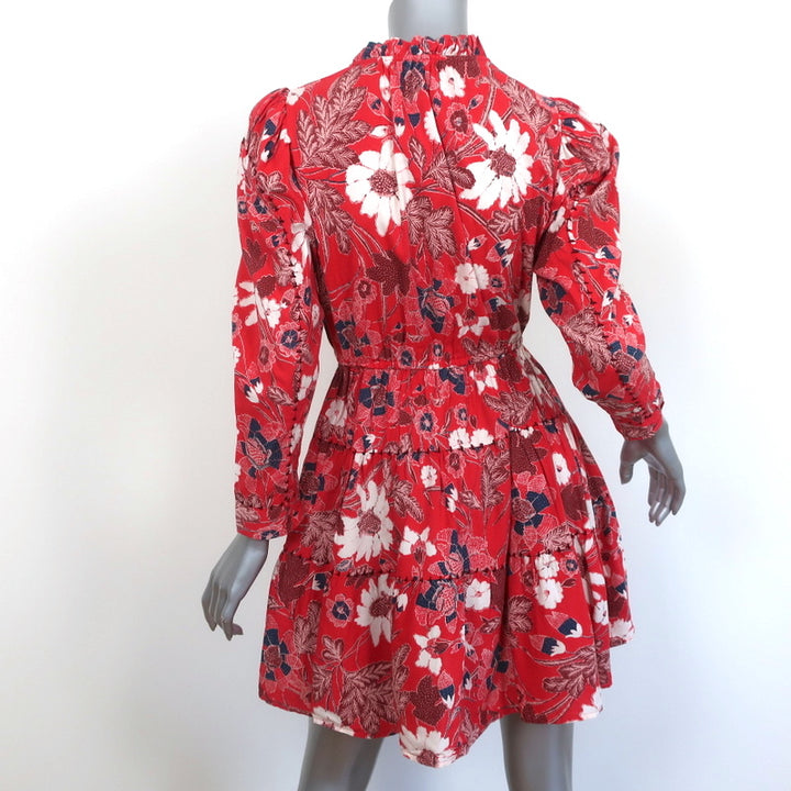 Ulla Johnson Mini Dress Liv Red Floral Print Size 0 Long Sleeve Tassel Tie