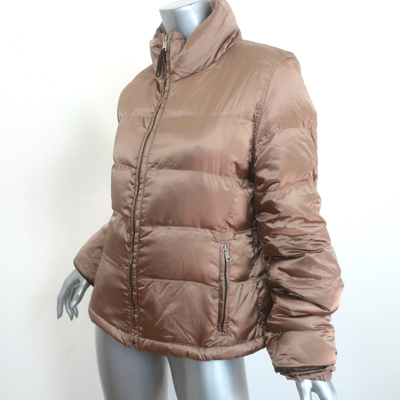 Prada Down Puffer Jacket Brown Leather-Trim Nylon Sateen Size 46