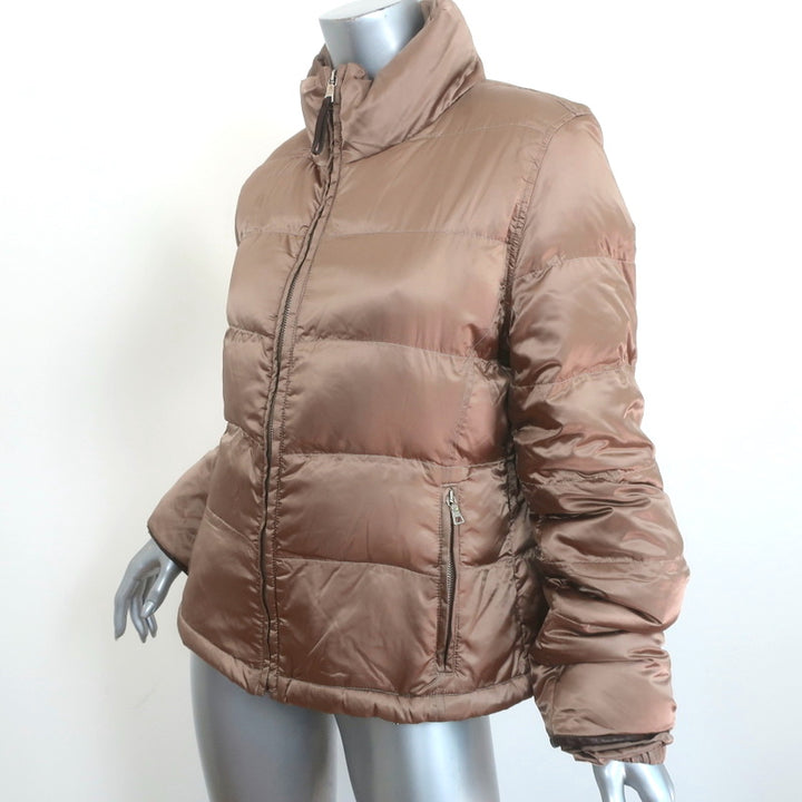 Prada Down Puffer Jacket Brown Leather-Trim Nylon Sateen Size 46