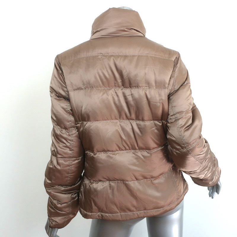 Prada Down Puffer Jacket Brown Leather-Trim Nylon Sateen Size 46