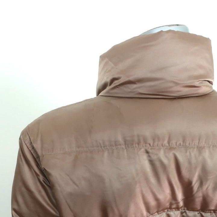 Prada Down Puffer Jacket Brown Leather-Trim Nylon Sateen Size 46