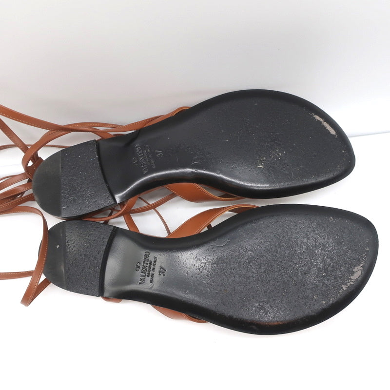 Valentino Roman Stud Ankle Wrap Flat Sandals Brown Leather Size 37
