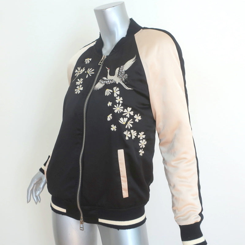 Pam &amp; Gela Crystal Crane Embroidered Satin Bomber Jacket Black/Cream Size Petite