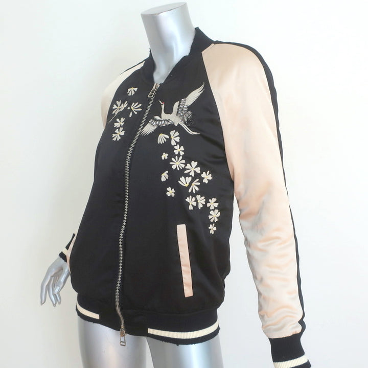Pam &amp; Gela Crystal Crane Embroidered Satin Bomber Jacket Black/Cream Size Petite