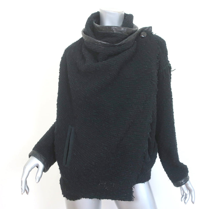 Isabel Marant Draped Jacket Black Leather-Trim Wool Boucle Size 0