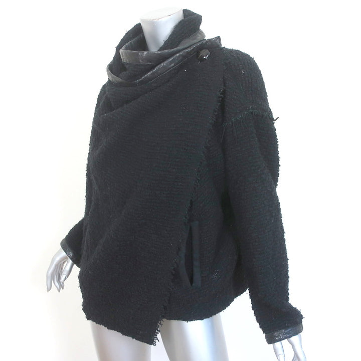Isabel Marant Draped Jacket Black Leather-Trim Wool Boucle Size 0