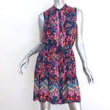 Saloni Sleeveless Belted Mini Dress Tilly Navy/Multi Printed Silk Size US 4