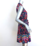 Saloni Sleeveless Belted Mini Dress Tilly Navy/Multi Printed Silk Size US 4