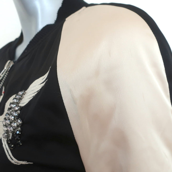 Pam &amp; Gela Crystal Crane Embroidered Satin Bomber Jacket Black/Cream Size Petite