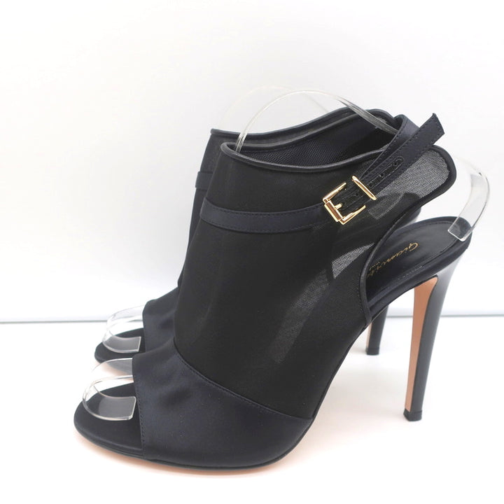 Gianvito Rossi Peep Toe Slingback Booties Black Satin &amp; Organza Size 40 NEW