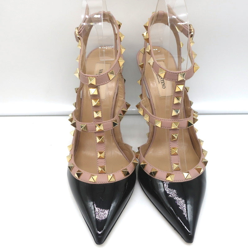 Valentino Rockstud Caged Slingback Pumps Black Patent &amp; Poudre Leather Size 39