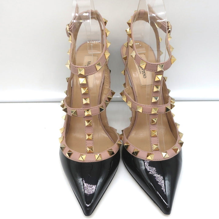 Valentino Rockstud Caged Slingback Pumps Black Patent &amp; Poudre Leather Size 39