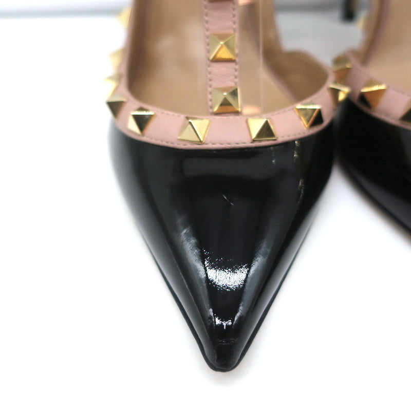 Valentino Rockstud Caged Slingback Pumps Black Patent &amp; Poudre Leather Size 39