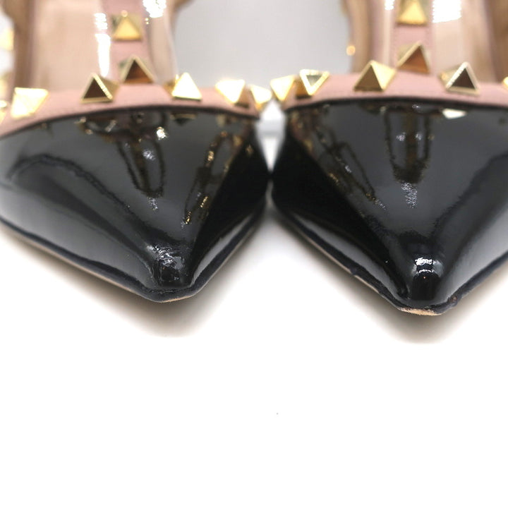Valentino Rockstud Caged Slingback Pumps Black Patent &amp; Poudre Leather Size 39