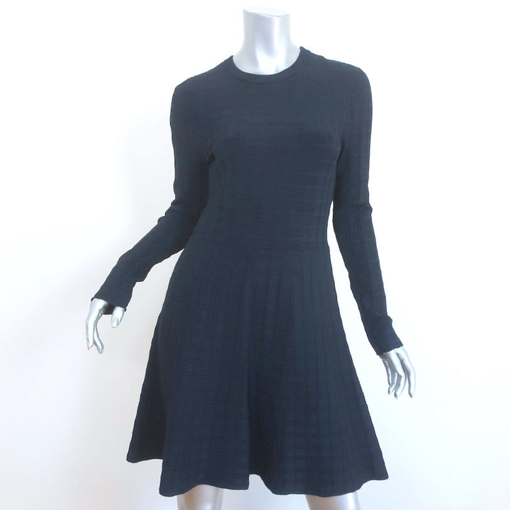 A.L.C. Mini Dress Schultz Navy Checked Knit Size Medium Long Sleeve Fit &amp; Flare