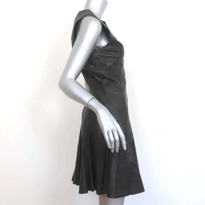 Derek Lam 10 Crosby Flared Leather Dress Black Size 6 Sleeveless Mini