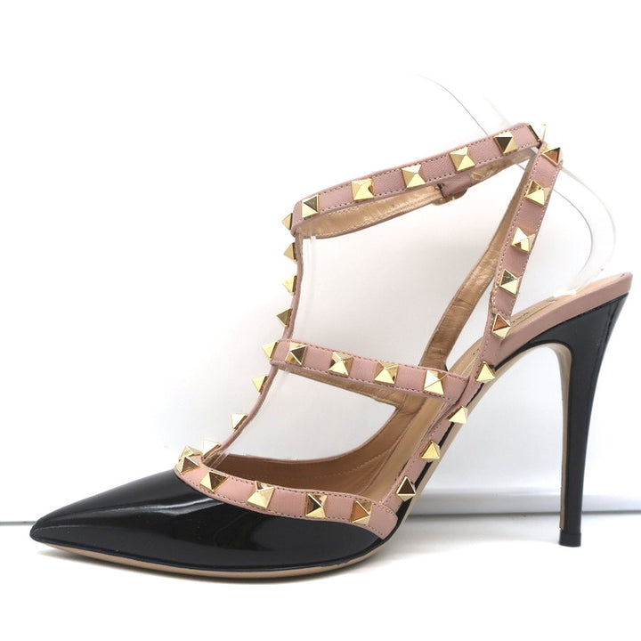 Valentino Rockstud Caged Slingback Pumps Black Patent &amp; Poudre Leather Size 39