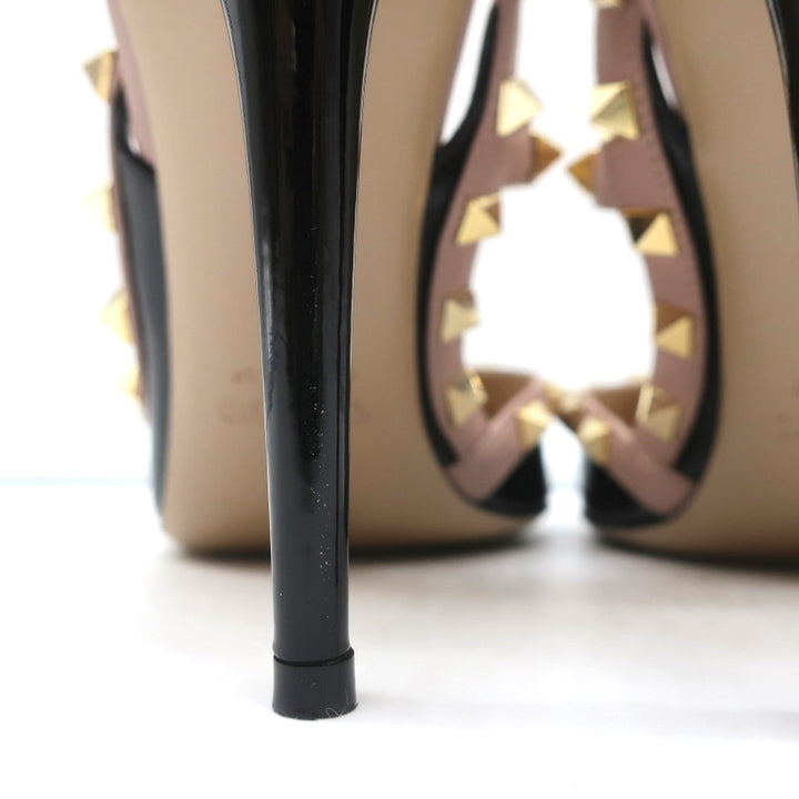 Valentino Rockstud Caged Slingback Pumps Black Patent &amp; Poudre Leather Size 39