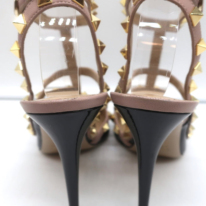 Valentino Rockstud Caged Slingback Pumps Black Patent &amp; Poudre Leather Size 39