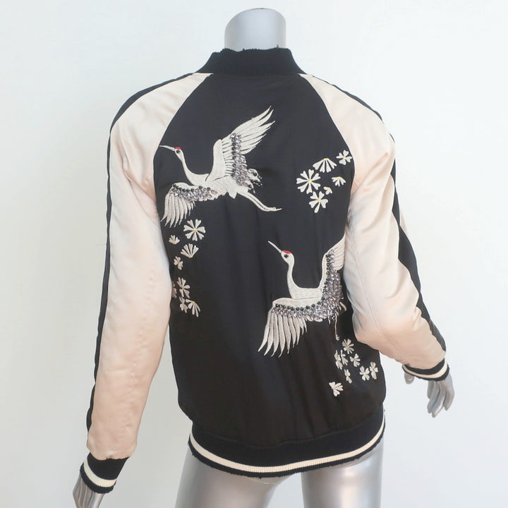 Pam &amp; Gela Crystal Crane Embroidered Satin Bomber Jacket Black/Cream Size Petite