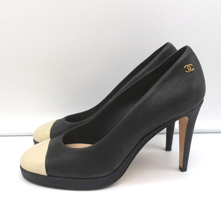 Chanel 15C Metallic Cap Toe Platform Pumps Black/Gold Buffalo Leather Size 38