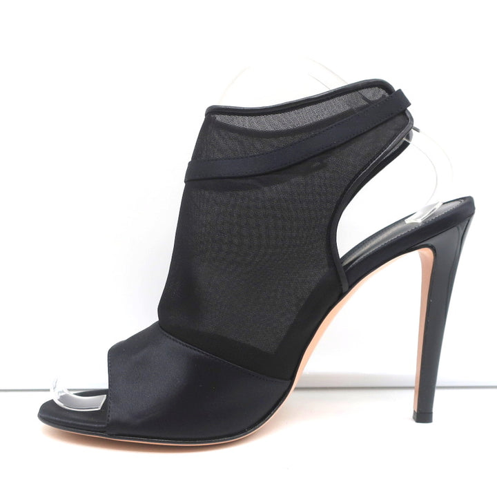 Gianvito Rossi Peep Toe Slingback Booties Black Satin &amp; Organza Size 40 NEW