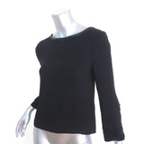 Alice + Olivia AIR Boatneck Top Black Leather-Trim Stretch Silk Size Extra Small