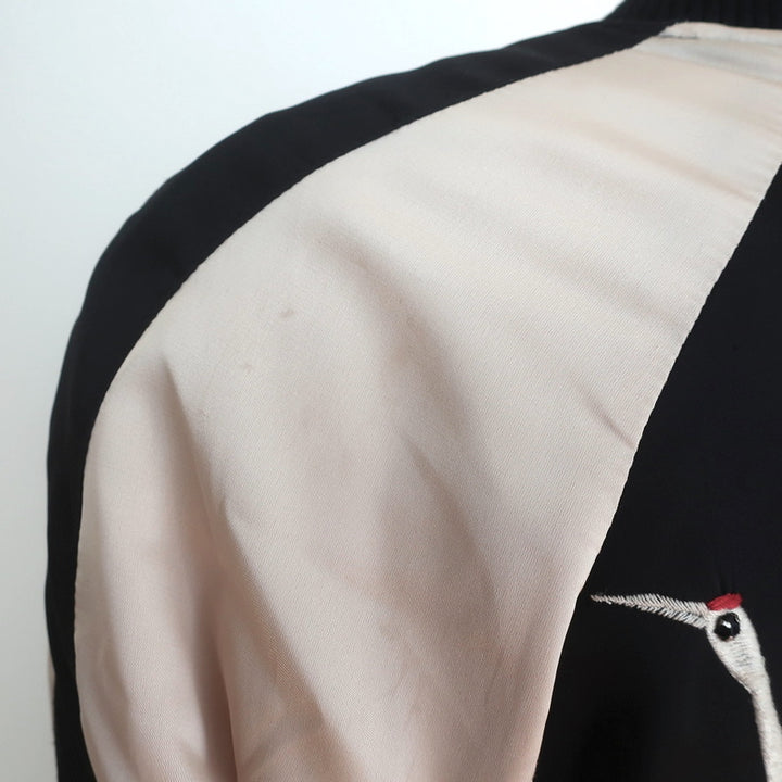 Pam &amp; Gela Crystal Crane Embroidered Satin Bomber Jacket Black/Cream Size Petite