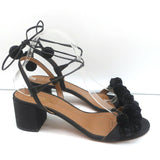 Aquazzura Pom Pom Ankle Tie Sandals Black Raffia Size 39 Open Toe Mid-Heel