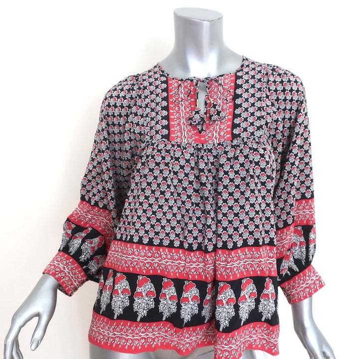 Ulla Johnson Blouse Bea Black/Red Indian Floral Print Silk Size 2 Tie-Neck Top