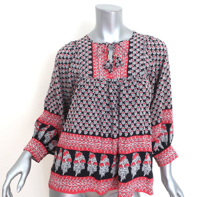 Ulla Johnson Blouse Bea Black/Red Indian Floral Print Silk Size 2 Tie-Neck Top