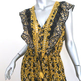 SEA Ruffled Midi Dress Yellow Crochet-Trim Floral Print Silk Size 6