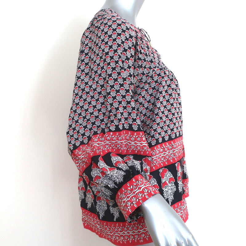 Ulla Johnson Blouse Bea Black/Red Indian Floral Print Silk Size 2 Tie-Neck Top