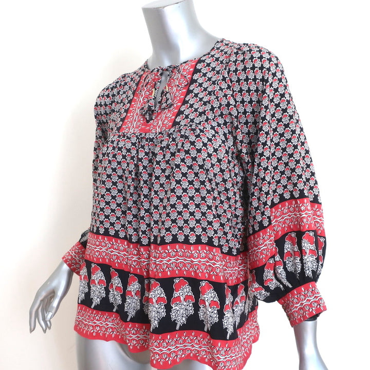 Ulla Johnson Blouse Bea Black/Red Indian Floral Print Silk Size 2 Tie-Neck Top